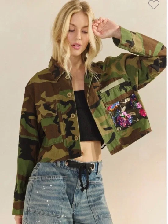 Camo Utility Jacket with Multicolor Sequin Floral Back - Picture 2 of 6